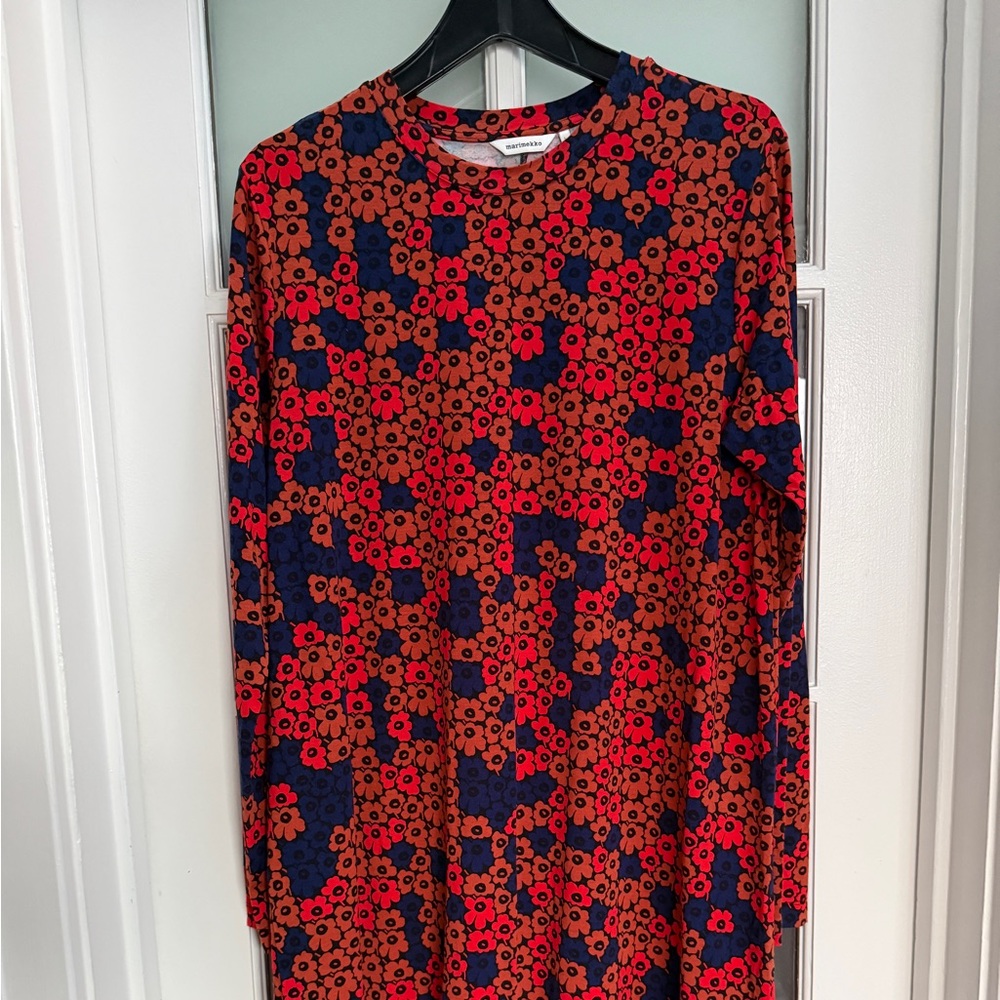 Marimekko Terassi Unikko Red and Blue Floral Long Sleeve Dress - Picture 2 of 5